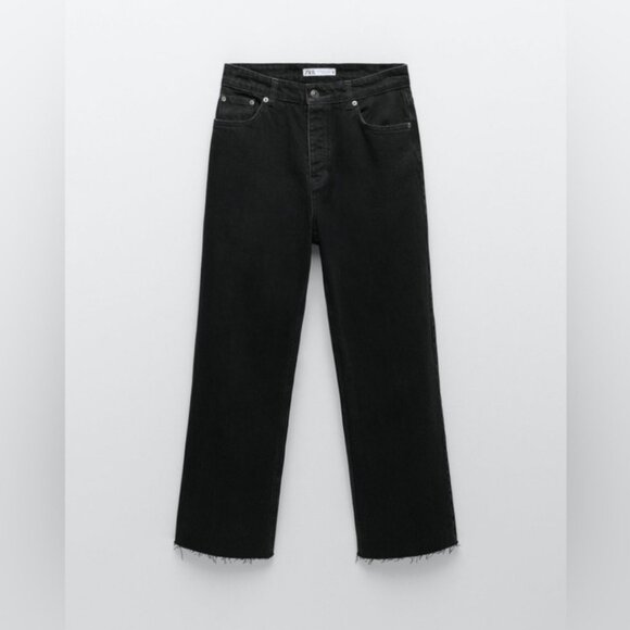 ZARA Straight Leg Jeans High Rise Raw Hem Cropped Washed Black Size US6 - Picture 2 of 9